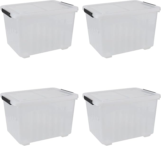 Xyskin 4-Pack 50 Quart Heavy Duty Plastic Storage Bins, Stackable Containers with Clear Lids & BlackLatches for Bedding, Clothing, Holiday Decor, Ideal for Garage & Closet
