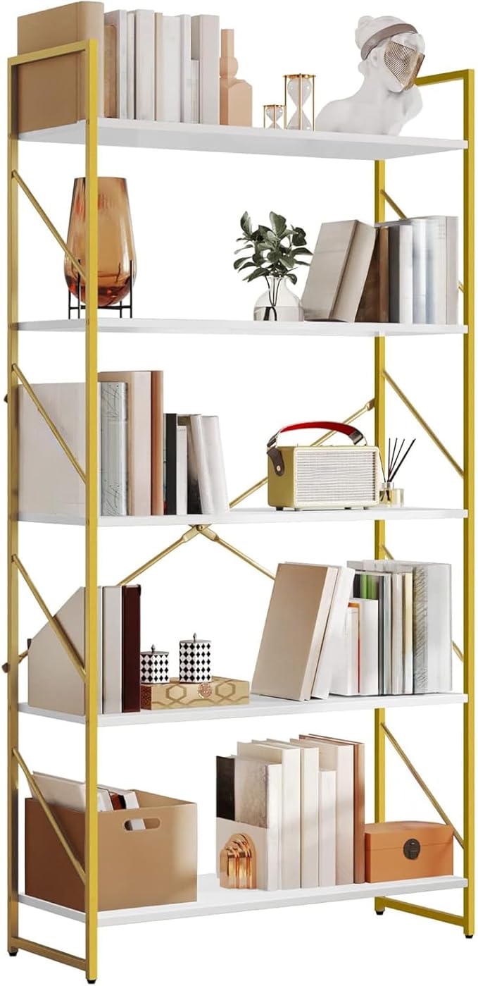 YITAHOME 5 Tiers Gold Bookshelf, Modern Wide Bookcase, Large Book Rack, Storage Rack Shelves in Bedroom/Living Room/Home/Office, Books Holder Organizer for Books, Gold