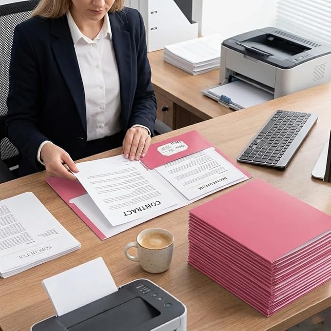 Zzrywuty File Folders with Pockets Letter Size,25-Pack Paper Folders with Card Slot,Two Pocket Folders for School Students,Businessmen,Home and Office Workers(Pink)