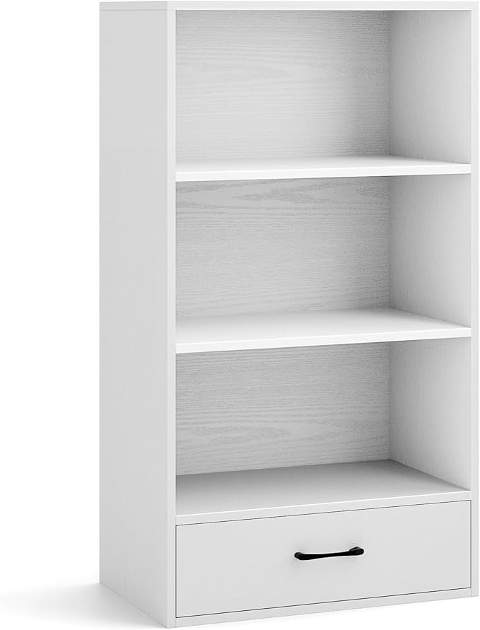 4-Tier Bookcase with Drawer, Wooden Cube Storage Organizer, Modern Display Shelf, Small Bookshelf for Small Spaces, 42.5" Tall Book Shelf for Classroom, Kid's Room, Bedroom (White)