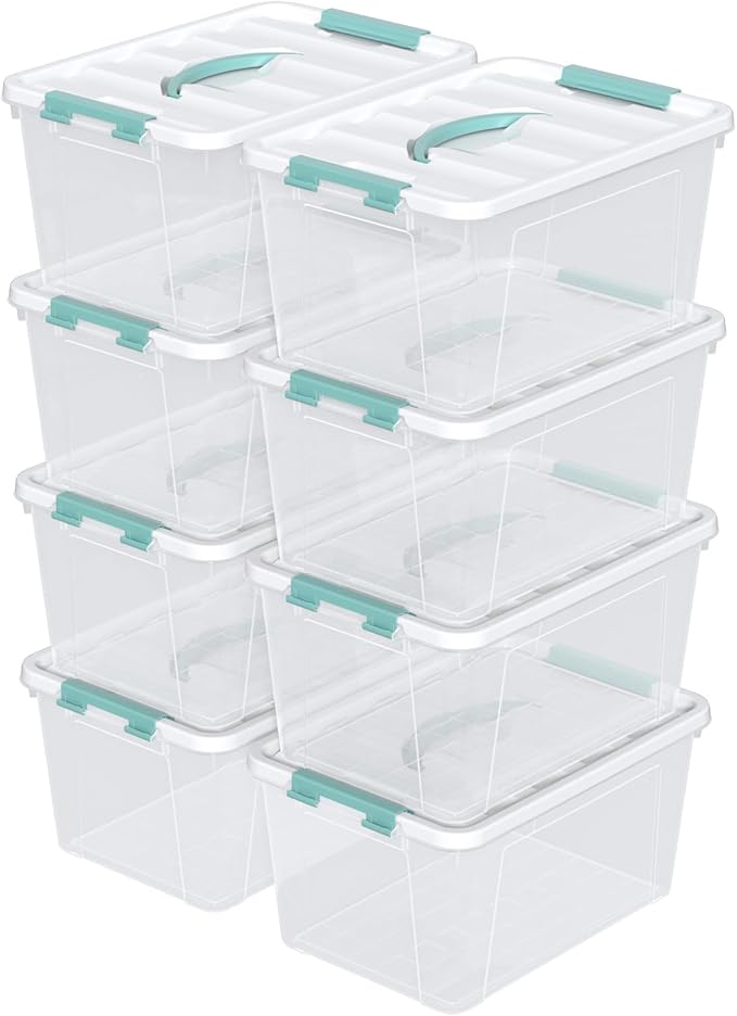14 Qt Stackable Plastic Storage Bins with White Lids, Clear Latching Storage Organizer Box, 8 Packs