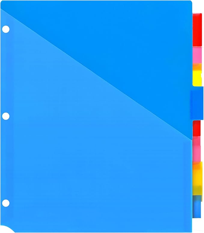 WOT I Plastic 8-Tab Dividers with Two Pockets, 1 Set, Multicolor Dividers with Pockets for Binders, 8 Tab Dividers, Assorted Colors