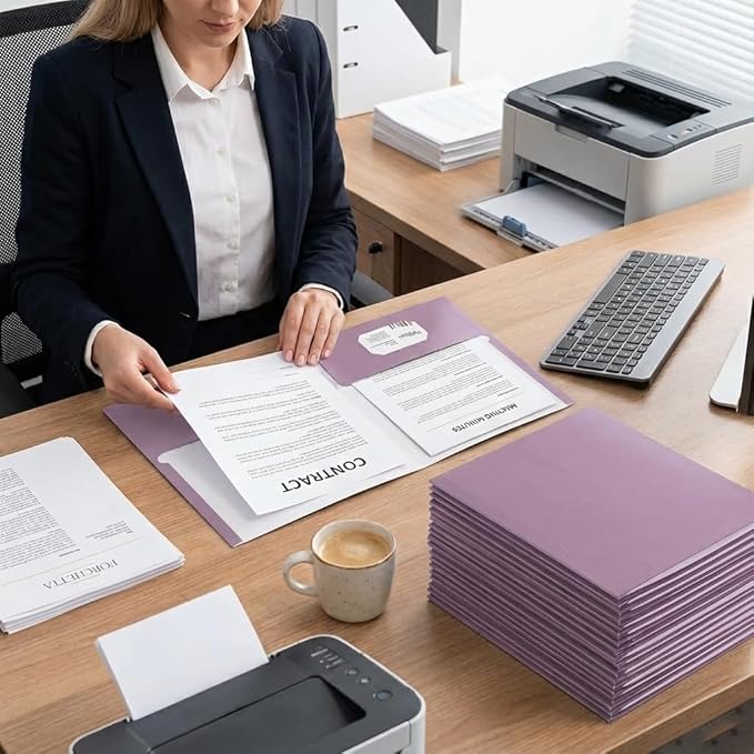 Zzrywuty File Folders with Pockets Letter Size, 50-Pack Paper Folders with Card Slot, Two Pocket Folders for School Students, Businessmen, Home and Office Workers(Purple)