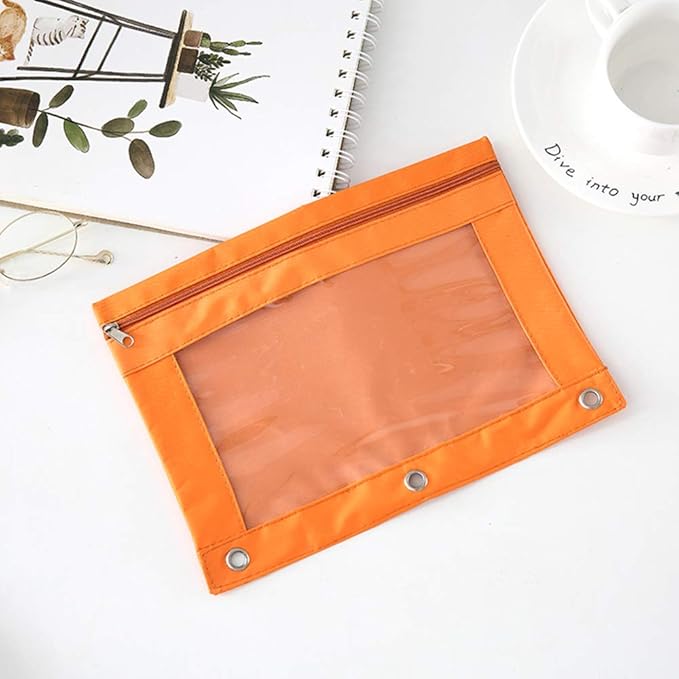 Zippered Pen Pencil Binder Pouch 3 Rings with Clear Window for School Classroom Organizers 8 Pcs (Orange)