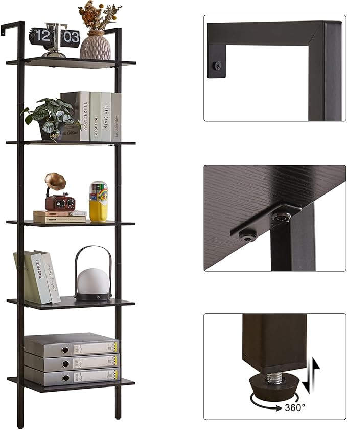 YMYNY 5 Tiers Narrow Ladder Bookcase, Industrial Wall Mounted Bookshelf, Open Display Rack with Metal Frame, Wooden Storage Shelves for Bedroom, Home Office, Living Room, Black, 70*17.3*11.8"UHBC015B