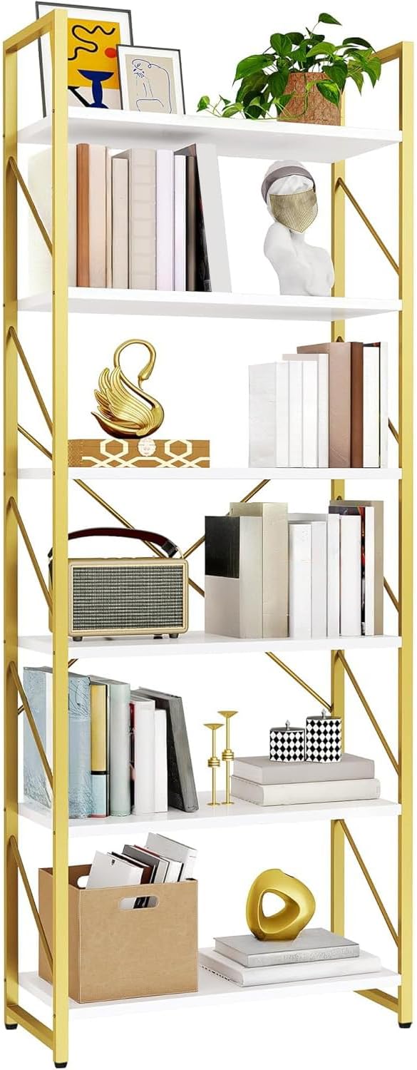 YITAHOME Tall Bookshelf 6 Tier Bookcase, Modern Gold Book Shelf, Open Display Storage Rack Shelves for Living Room/Bedroom/Home/Office/Kitchen, Holder Organizer for Books/Movies, White & Gold