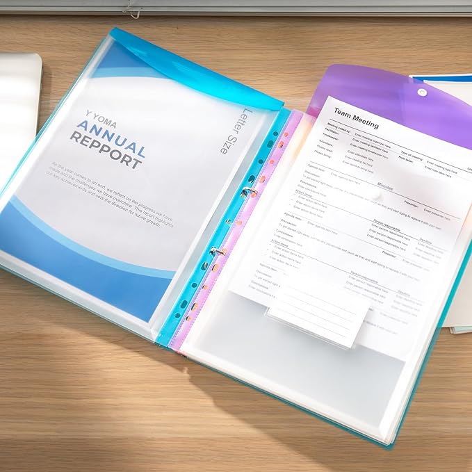 Y YOMA 6 Pack Plastic Binder Pocket with 11 Holes & Snap Button - Letter Size Top-Loading Expandable Extra Capacity Envelope for 2/3/4 Ring Binder, Matte Design