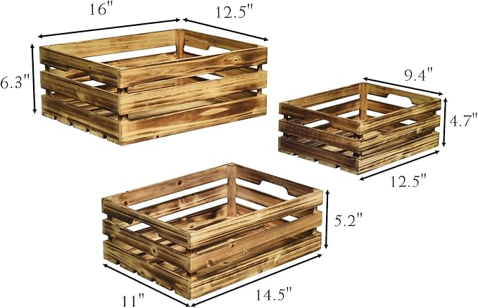 Wooden Crates Set of 3 - Large Rustic Wood Nesting Crates for Decoration, Display, Storage Boxes brown wooden crates farmers market deco wooden crates (Brown)