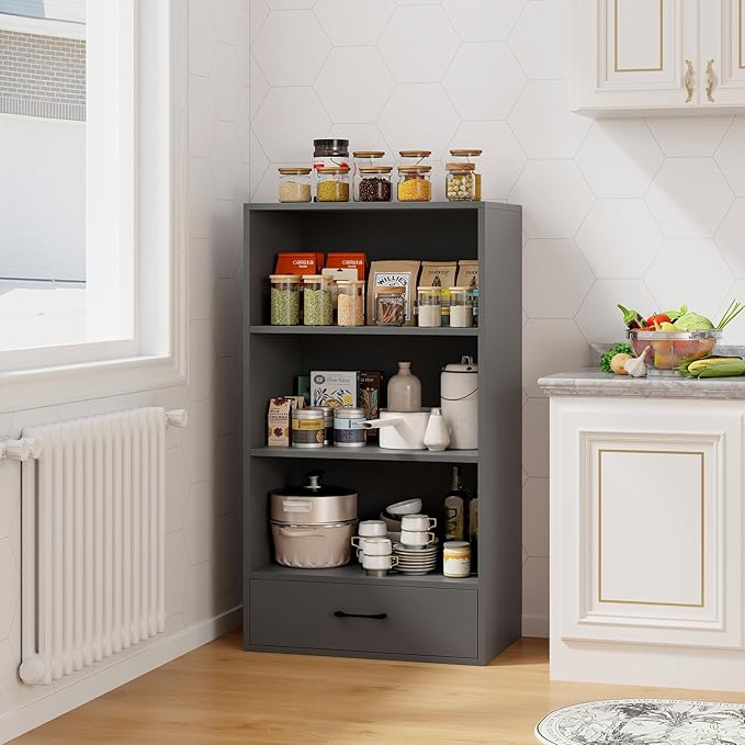 4-Tier Bookcase with Drawer, Wooden Cube Storage Organizer, Modern Display Shelf, Small Bookshelf for Small Spaces, 42.5" Tall Book Shelf for Classroom, Kid's Room, Bedroom (Grey)