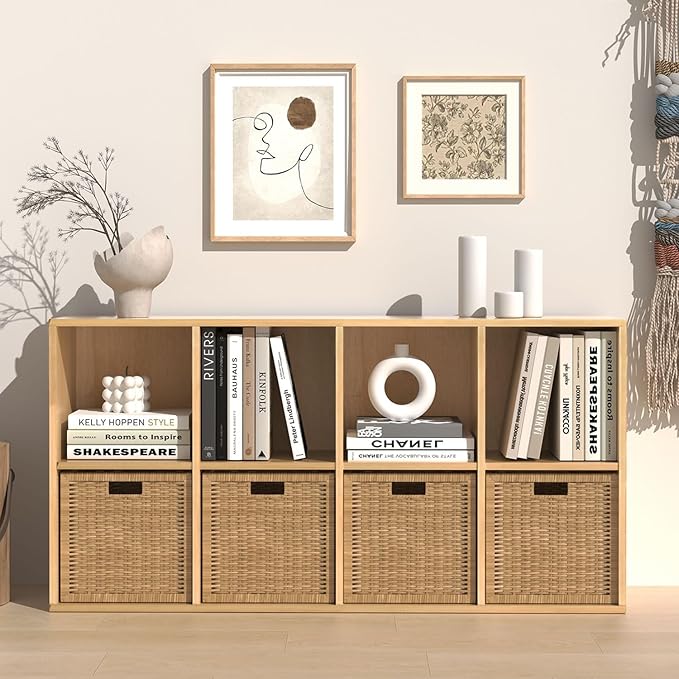 Wooden 8 Cube Storage Organizer with Closed Back Panel,White Cube Shelf Cubby Storage Organizer with Compartments for Living,Bookshelf,Storage Organizers Easy to Install (Oak, 8 Cube)