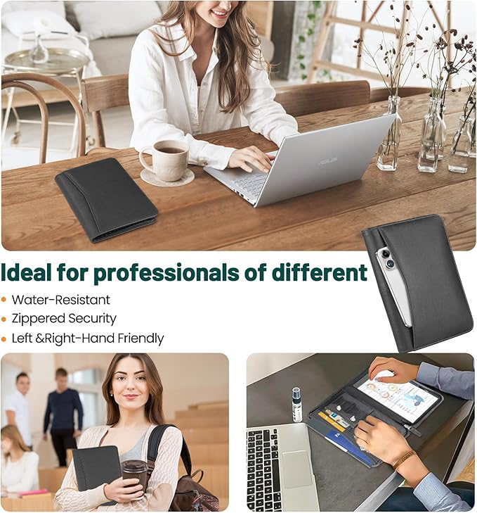 Zippered Portfolio Binder for Men & Women, Resume Portfolio Folder with 5.3" x 8 "Notepad, 9.6" x 7" Faux Leather Portfolio for Resume, Documents, Phone, Business Supplies and Cards (Black)