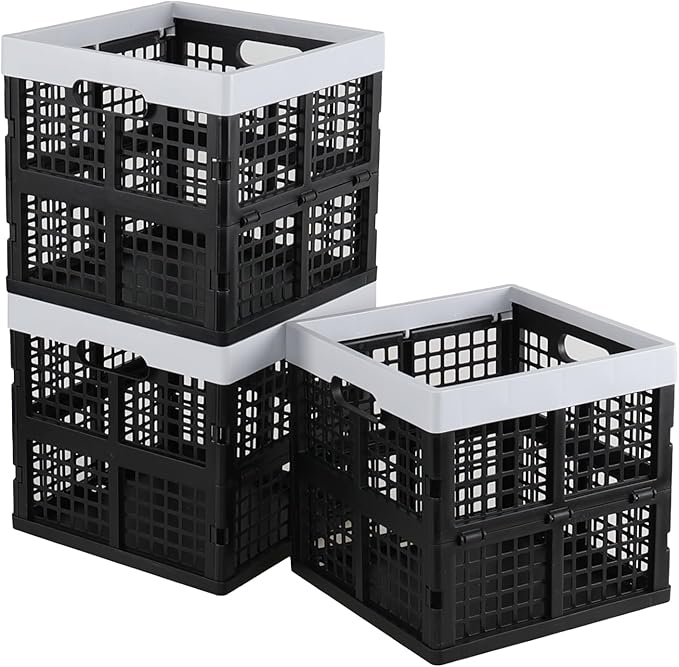 Xyskin 18 Litre Plastic Folding Utility Crates, Set of 3 Stackable Storage Milk Crates, Black