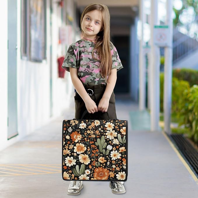 Western Desert Boho Floral Zipper Binder with Shoulder Strap Bag 3 Ring Binder Organizer Large Capacity Multiple Compartments for School Office