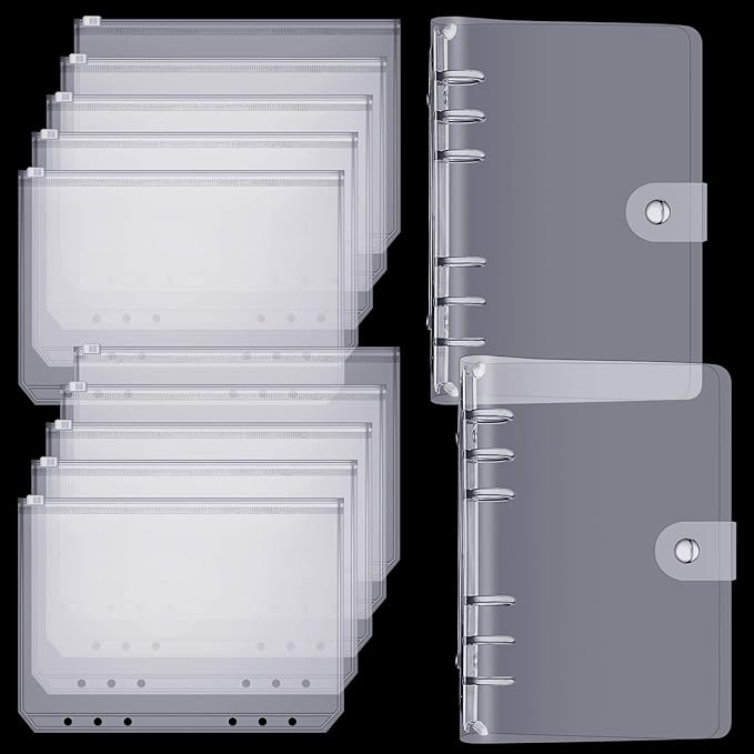 10 Pieces A6 Binder PVC Cover with 2 Pieces Clear PVC Zipper Binder Pockets, Waterproof 6-Ring Budget Binder Envelopes System Budget Planner Organizer for School Office