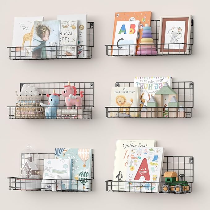 X-cosrack Floating Book Shelves for Wall Kids Bookshelf,Metal Hanging Wall Mounted Shelf for Nursery Toddler, Kids Room, Classroom,Set of 6,Black,2 Sizes
