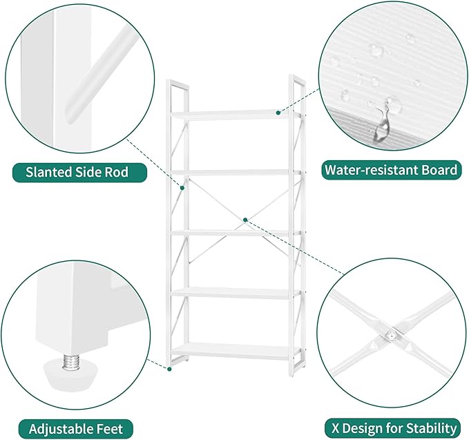 YITAHOME 5 Tiers Bookshelf, Modern White Bookcase, Book Holder Organizer, Display Storage Rack Standing Shelves for Bedroom Living Room/Home/Office, All White