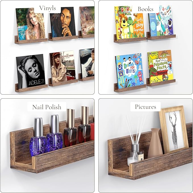 Vinyl Record Shelf Wall Mount, 12 inch Wooden Album Record Holder Display, Pack of 6 Floating Shelves for Wall, Magazine Rack, Kids Bookshelf for Bedroom, Living Room, Rustic Brown