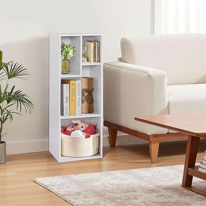 VECELO 3-Tier Small Bookcase, 4 Cube Bookshelf with Height Difference Shelves for Most Books, Modern Floor Standing Unit, Each Shelf Hold Up to 66 LBS for Living Room Bedroom, Pearl White