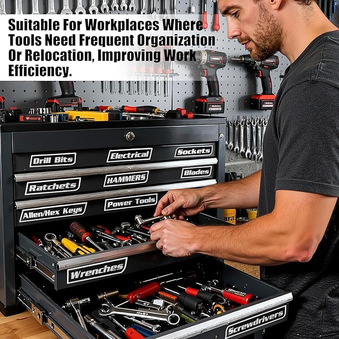 12 Pack of Magnetic Toolbox Labels, 3D-Printed Tool Box Labels, General Tool Box Organize Accessories, Reusable Tags for Steel Toolboxes, Carts, Drawers, and Cabinets (Black)