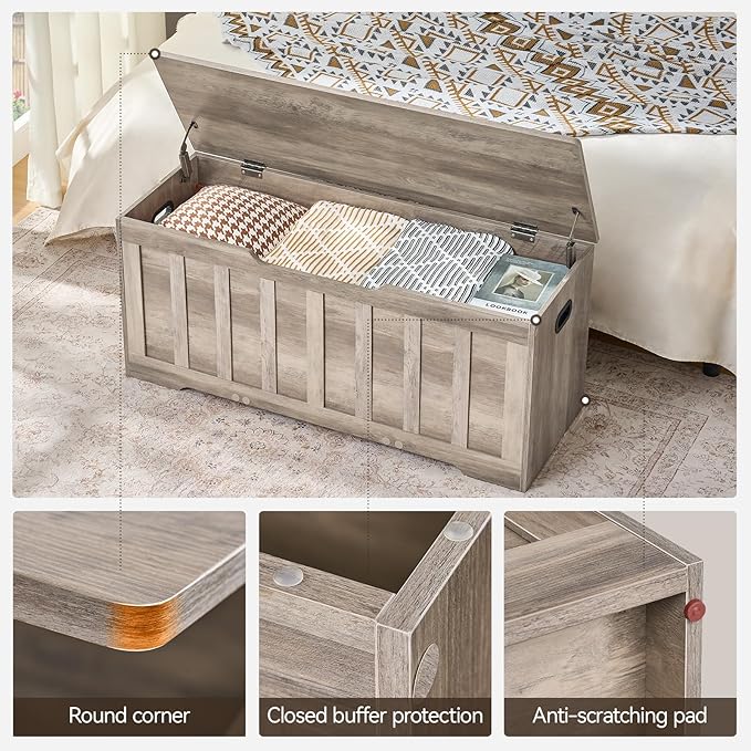43.3" Storage Chest Extra Large,Storage Trunk with 2 Safety Hinges,Wooden Storage Bench,Shoe Bench,43.3x15.7x19.1 Inch,Easy Assembly,Storage Bench for Bedroom,Living Room,entryway(Greige).