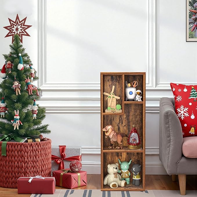 VECELO 3-Tier Small Bookcase, 4 Cube Bookshelf with Height Difference Shelves for Most Books, Modern Floor Standing Unit, Each Shelf Hold Up to 66 LBS for Living Room Bedroom, Rustic Brown