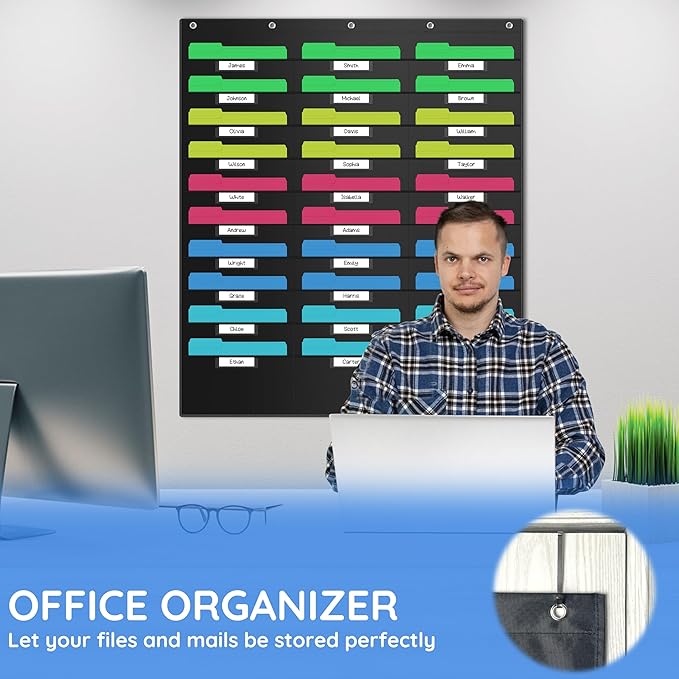 ZKOO 30 Pockets Hanging Wall File Organizer, Heavy Duty Wall Pocket File Holder for A4 Size Paper/Legal/ Letter Size Document, for Classroom, Office, Home Use with 5 Hangers, 30 Tags Pocket