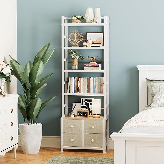 5 Tier Bookshelf, Modern Bookcase with Bookends and 4 Drawers Storage Organizer, Metal Industrial Display Shelf, Free Standing Storage Shelving Unit for Bedroom, Living Room and Home Office