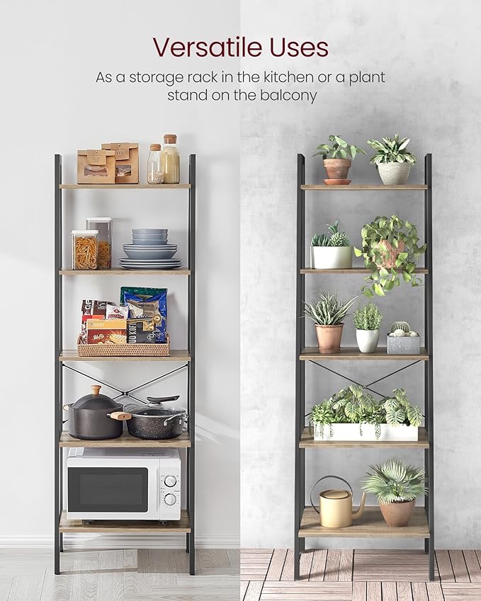 VASAGLE Ladder Shelf, 5-Tier Bookshelf, Storage Rack, Bookcase with Steel Frame, for Living Room, Home Office, Kitchen, Bedroom, Industrial Style, Camel Brown and Ink Black ULLS045B50