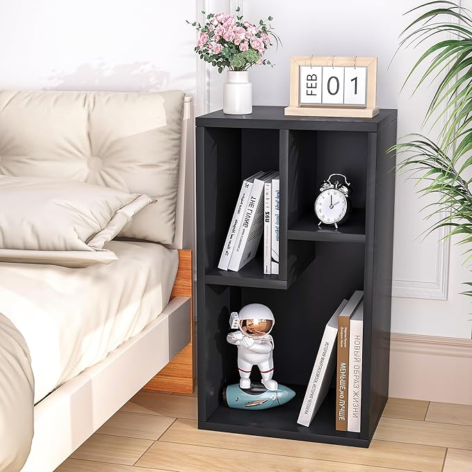 VECELO 3 Cube Small Bookcase, Fits Tallest Hardcovers, Horizontal Available, 2-Tier Modern Bookshelf, Storage Organizer for Small Spaces, Kids Room, Bedroom Living Room, Black
