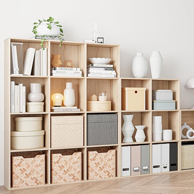 Wooden Storage Organizer with Closed Back Panel, 11in Cube Shelf Opening, Bookshelf, Display Shelf,Closet Cabinet for Home and Office (White Oak, 9-Cube 35.98L*9.45W*35.91H)