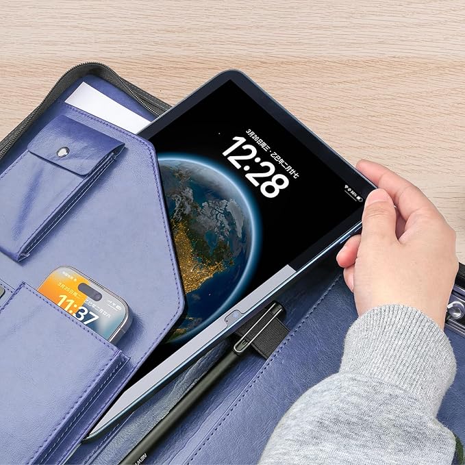 Zippered Padfolio Organizer, WRIYES Leather Planner Binder, 10.2 Inch Portfolio Folder for Documents, Letter Size Business Card Holder for Men&Women (Blue)