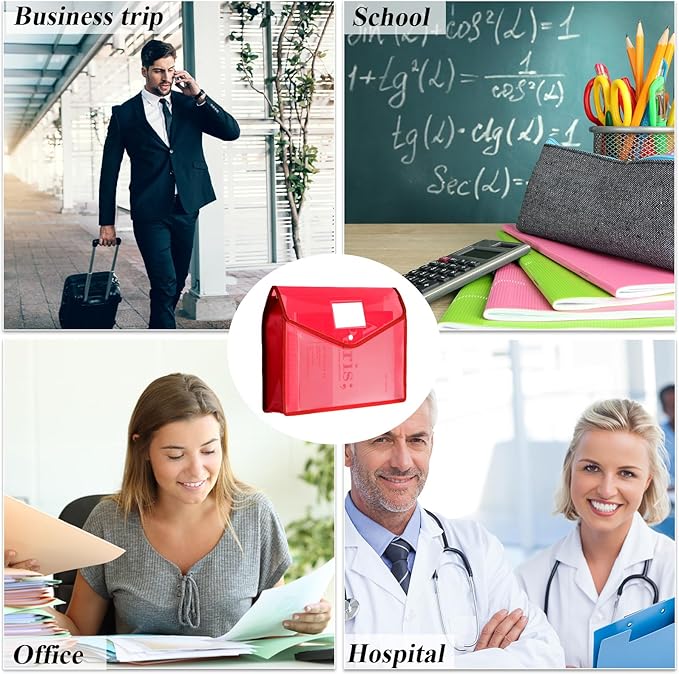 10 Pieces Plastic File Folders Envelope Expanding File Wallet Organizer Documents Folder with Snap Closure and Pocket, A4 Size Waterproof Transparent Pouch(Red,Horizontal)