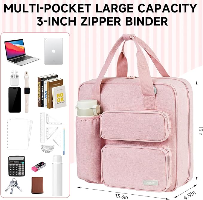 Zipper Binder 3 Ring, 700 Sheets Capacity, Binder 3 Inch with Shoulder Strap Fits 13 Inch Laptop for School and Office,Pink