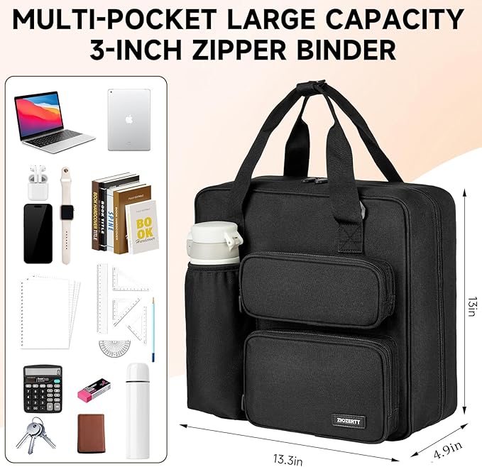 Zipper Binder 3 Ring, 700 Sheets Capacity, Binder 3 Inch with Shoulder Strap Fits 13 Inch Laptop for School and Office,Black