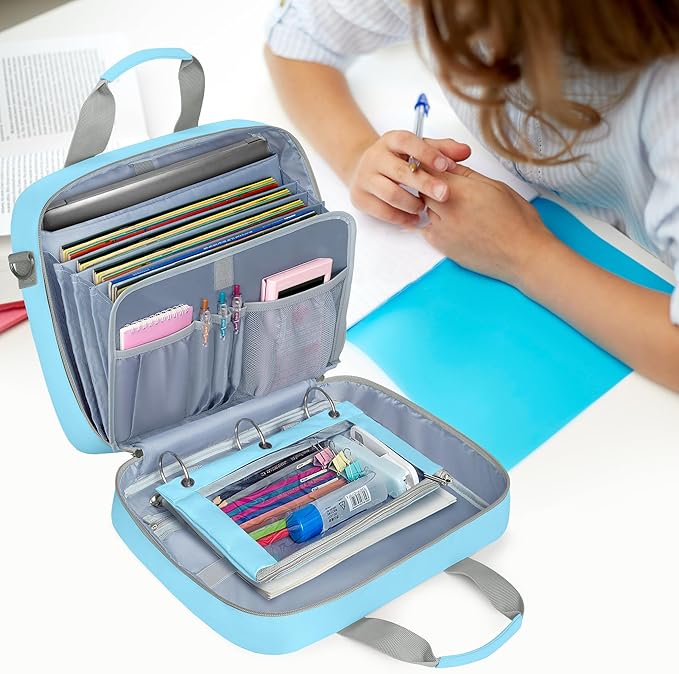 Yarwo 3 Ring Zipper Binder with Binder Pouch, Expanding File Organizer with Padded Sleeve Fit for 14 Inch Laptop, Portable Document Organizer Bag for Home, College, Office Supplies, Blue