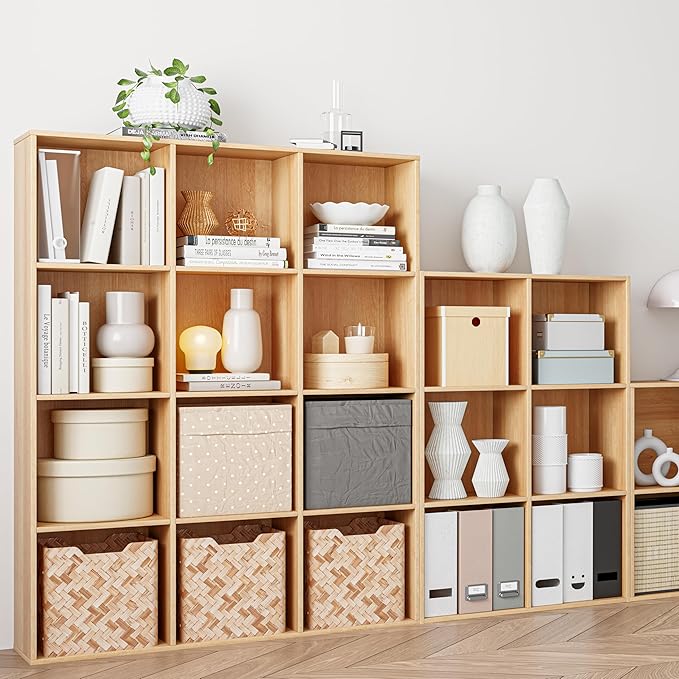 Wooden Storage Organizer with Closed Back Panel, 11in Cube Shelf Opening, Bookshelf, Display Shelf,Closet Cabinet for Home and Office (Natural Oak, 9-Cube 35.98L*9.45W*35.91H)