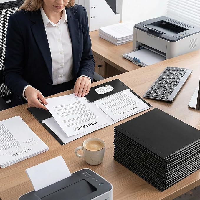 Zzrywuty File Folders with Pockets Letter Size, 50-Pack Paper Folders with Card Slot, Two Pocket Folders for School Students, Businessmen, Home and Office Workers(Black)