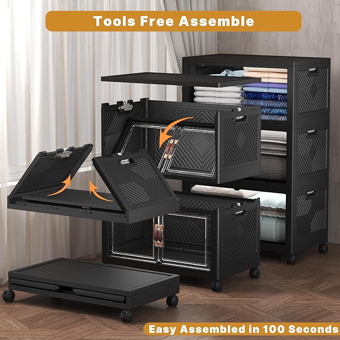 480Qt Stackable Storage Bins with Lids, 3 Pack Large Collapsible Bins with Wheels, Plastic Cabinet with Doors, Foldable Closet Organizers and Storage for Home, Dorm, Office, Black