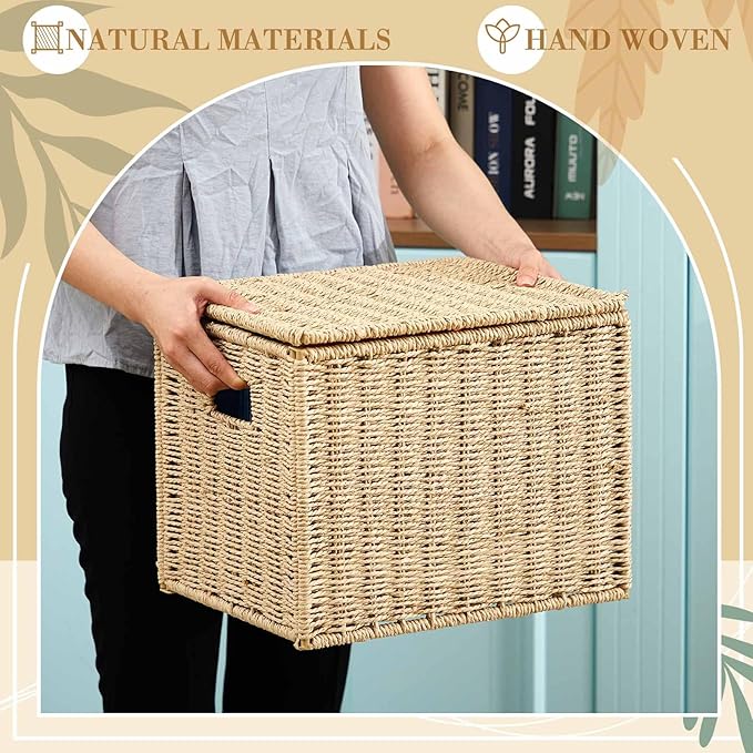 2 Pack Paper Rope File Box Organizers Collapsible Letter Size Filing Cabinet with Lid Woven Hanging File Basket Portable Decorative Document Storage Box for Office/Decor/Home (Letter Size)