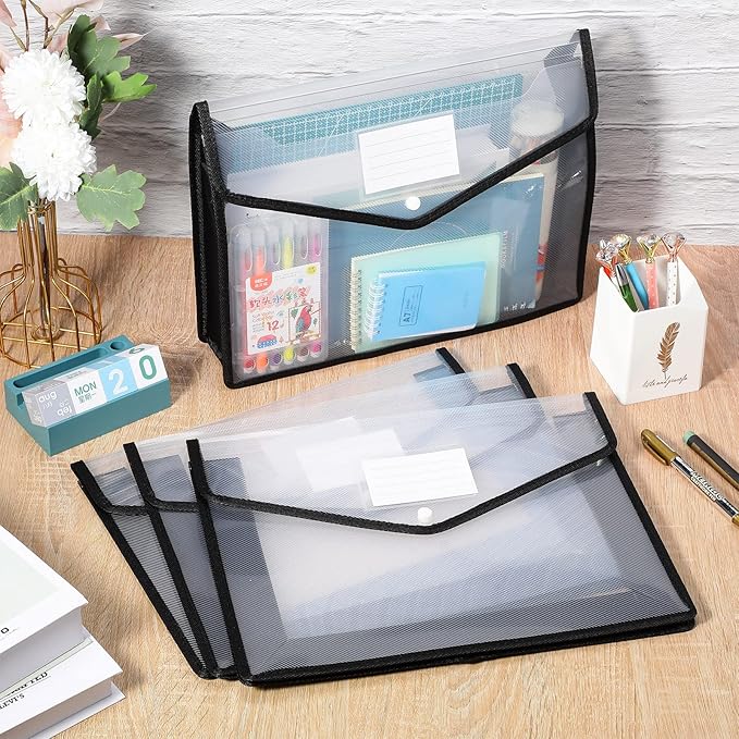 10 Pieces Plastic File Folders Envelope Expanding File Wallet Organizer Documents Folder with Snap Closure and Pocket B4 Waterproof Transparent Pouch for School Office(Black,Horizontal)