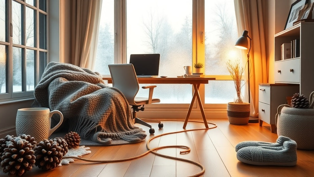 Winter indoor home office with yellow wood floor cord cover and warm lighting