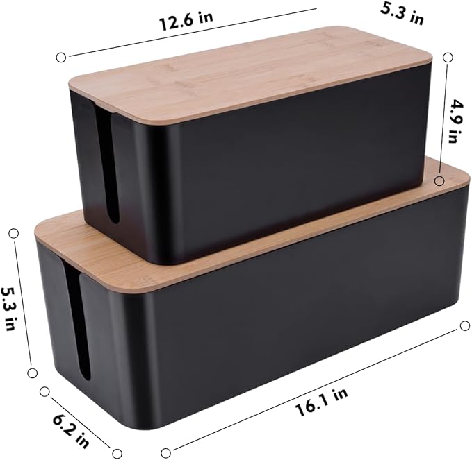 2 Pack Large Cable Management Box – Wooden Style Cord Organizer Box and Cover for TV Wires, Computer, Router, USB Hub and Under Desk Power Strip – Safe ABS Material and Baby-Pets Proof Lock (Black)