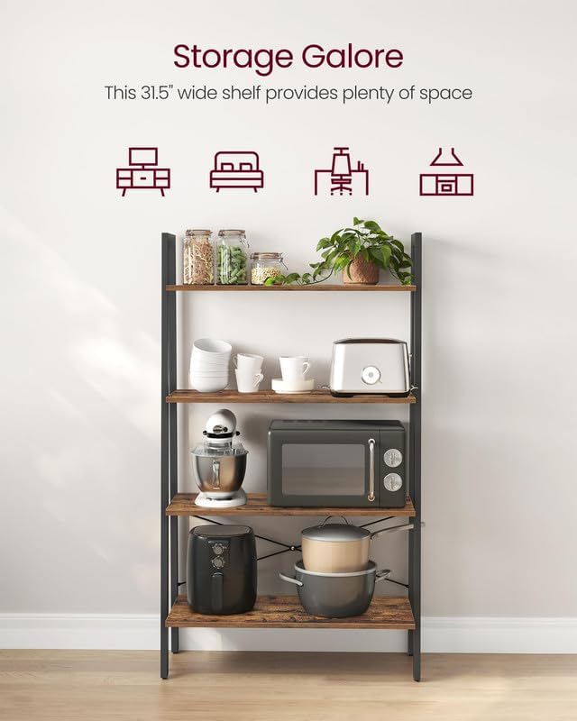 VASAGLE Ladder Shelf, 4-Tier Bookshelf, Storage Rack, Bookcase with Steel Frame, for Living Room, Home Office, Kitchen, Bedroom, Industrial Style, Rustic Brown and Ink Black ULLS144B01