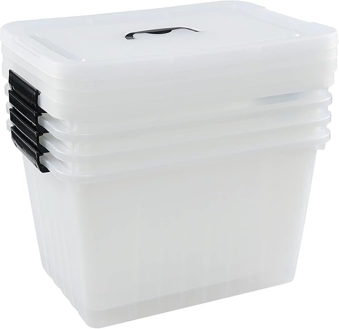 20 L Plastic Storage Bins with Latching Lids, Stackable Storage Containers for Garage, Closet, Kitchen, 4 Packs