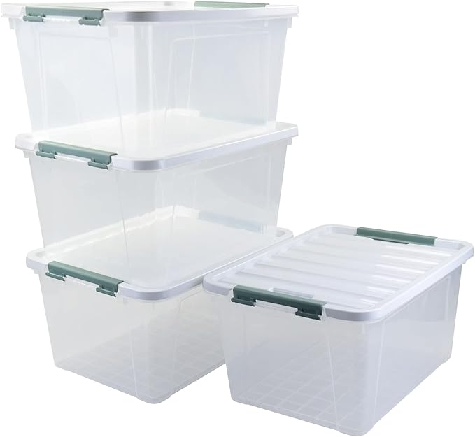 35 Quart Latch Box, Plastic Storage Bins with Lids, 4-Pack Stackable Clear Storage Organizing Box with Heavy Duty Latches