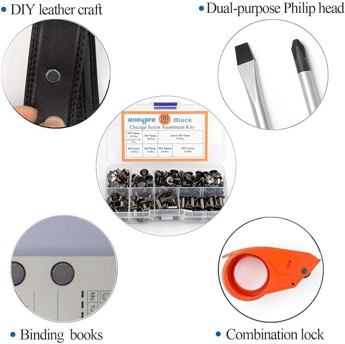 120 Sets Chicago Screws with Hole Puncher and Screwdriver 3/16" Leather Rivets 7 Sizes Assorted Screw Rivet M5 Binding Screws for Decorate and Repair Leather Craft Belt Bookbinding Bag Purse