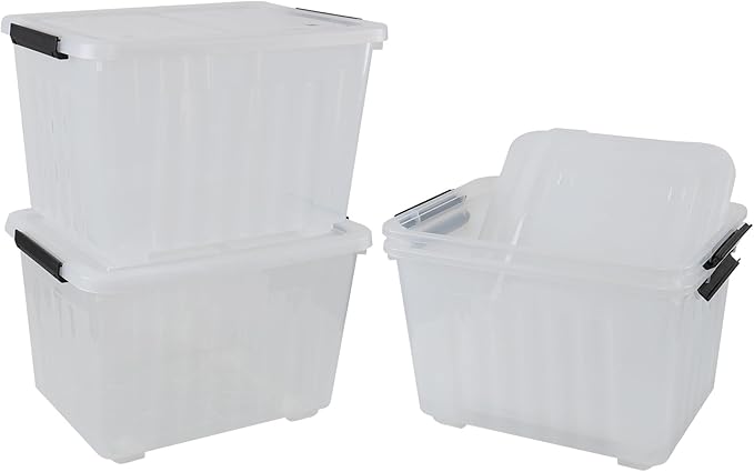 Xyskin 4-Pack 50 Quart Heavy Duty Plastic Storage Bins, Stackable Containers with Clear Lids & BlackLatches for Bedding, Clothing, Holiday Decor, Ideal for Garage & Closet