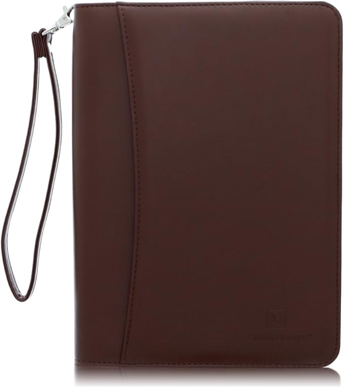 Zippered Portfolio Binder with Junior Legal 5x8 Notepad - Dark Brown PU Faux Leather Business Padfolio Organizer Folder with 8 Inch Tablet Sleeve & Gift Box by Lautus Designs