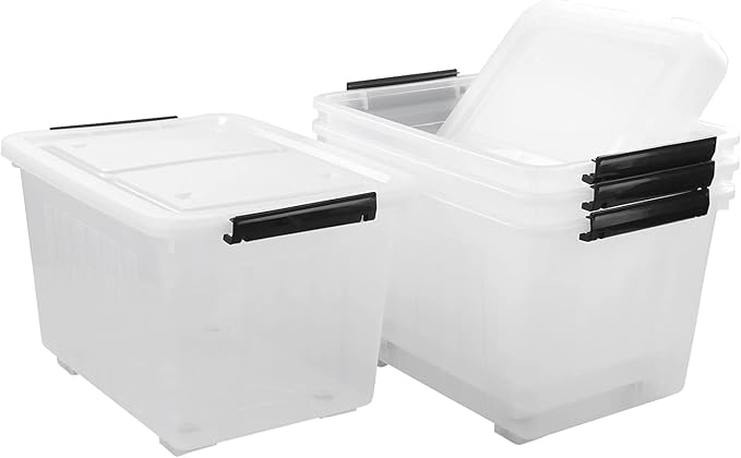 Xyskin Large Storage Bin with Buckle Down Lid, Clear Plastic Storage Organizer Container with Wheels, 70 L, 4 Pack