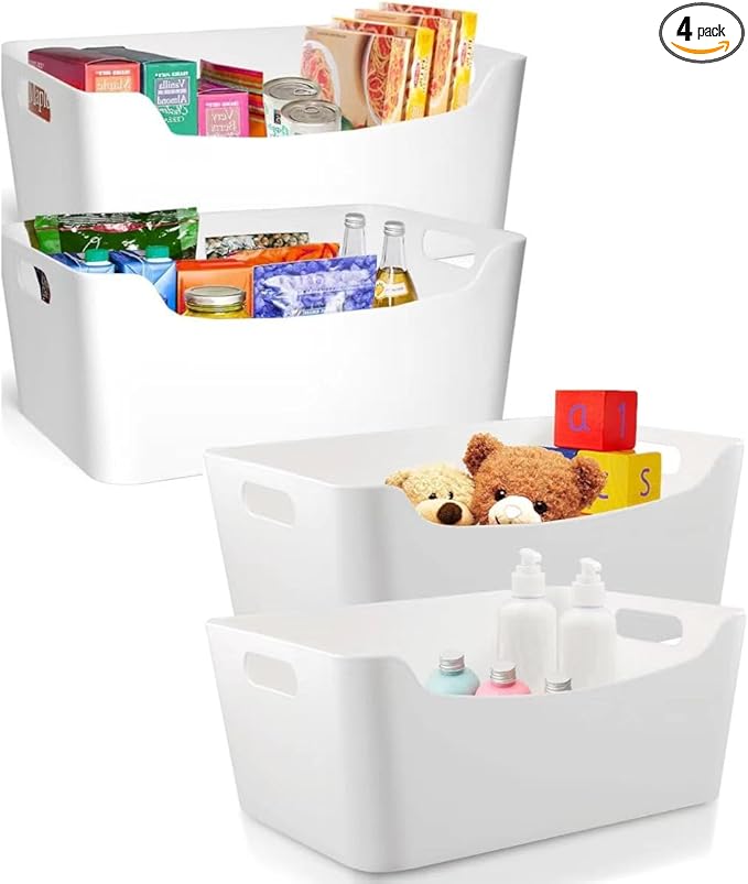 XL - 4 Pack White Plastic Storage Bins for Shelves, Closet Kitchen Storage Containers for Pantry Bathroom Office Organization Baskets, Cabinet Organizing Containers, White Organizer Bins for Shelves